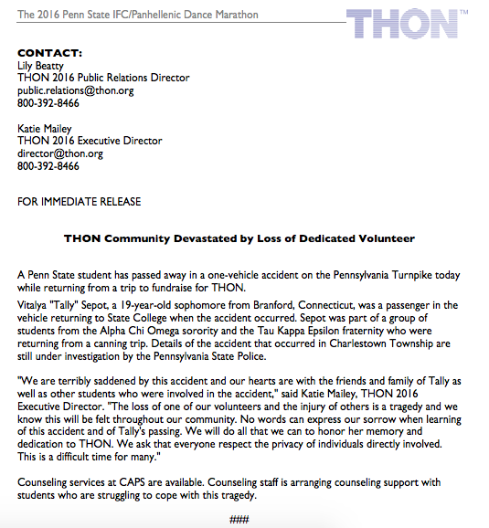 THON's tweet photo. Our thoughts are with Tally's family and friends and all those impacted by this tragedy. http://t.co/XADTlxmfrK