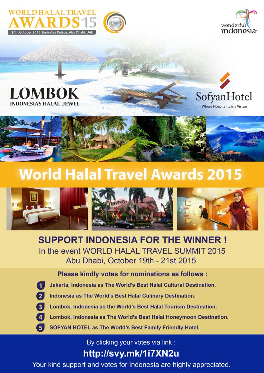 Mari dukung Indonesia di ajang penghargaan World Halal Travel Awards 2015 pada link berikut svy.mk/1i7XN2u