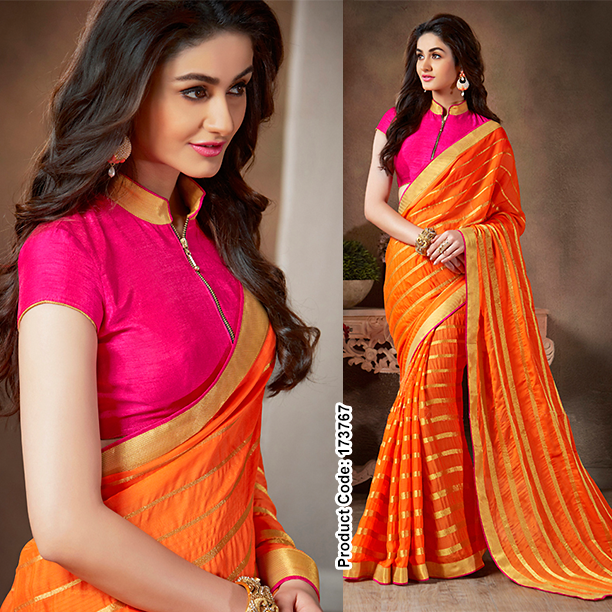 SareesIndia's tweet photo. Turn Springs back in your wardrobe! #Orange & #RubyPink #stripped #saree Visit:http://t.co/3c4L0TjDqx #zippedblouse http://t.co/iVI1oLtK4g