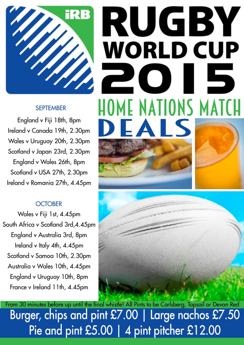 exetergcc's tweet photo. For our #RugbyWorldCup fans, here are the games we will be showing in the Sports Bar! Great food &amp; drink deals too! http://t.co/0NMje9Z8LQ