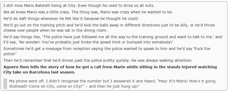 mcfc_lads's tweet photo. Aguero talking about Balotelli in his book #mcfc http://t.co/LJ70hdjyIa