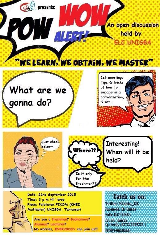 Elc open discussion with theme basic conversation, everybody invited! <a href="/BEMF_Tarbiyah/">BEMF Tarbiyah Unisba</a> <a href="/BemFD_Unisba/">BEM Dakwah UNISBA</a> <a href="/BEMFHUNISBA/">BEMFHUNISBA</a>