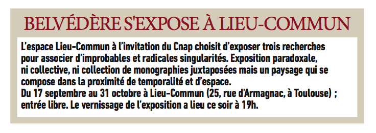 LCommun's tweet photo. Vernissage BELVÉDÈRE Rdv 19h @LCommun #Toulouse @CNAPfr #ProgrammeSuite https://t.co/LyWoCDeTOe merci @Direct_Matin http://t.co/NJXUk0l5nw