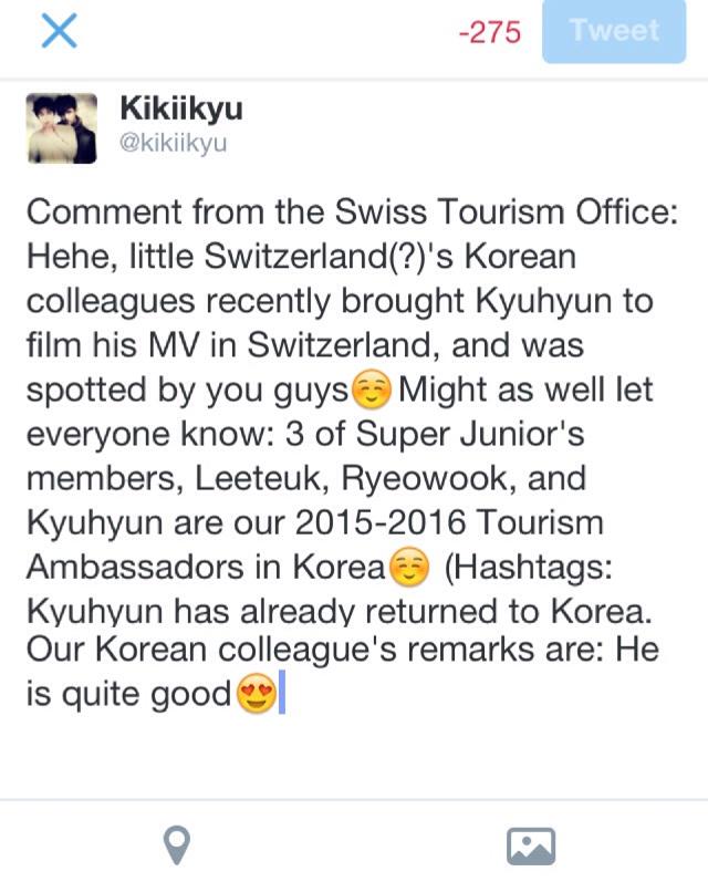 kikiikyu's tweet photo. Comment about Kyuhyun from the Swiss Tourism Office's weibo account http://t.co/l6kucdJFk4