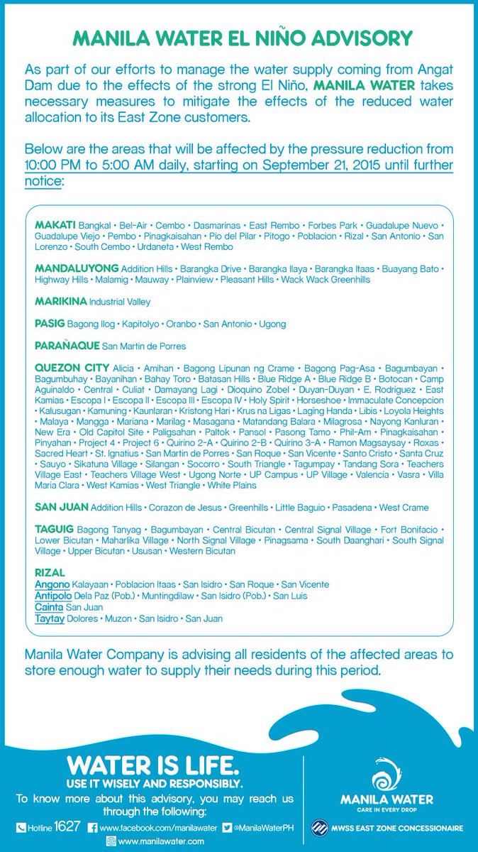 ManilaWaterPH's tweet photo. Manila Water customers to experience 7-hr reduced pressure due to El Niño. Updated list here: http://t.co/4vgnfdmmzr http://t.co/C0diUN6OLB