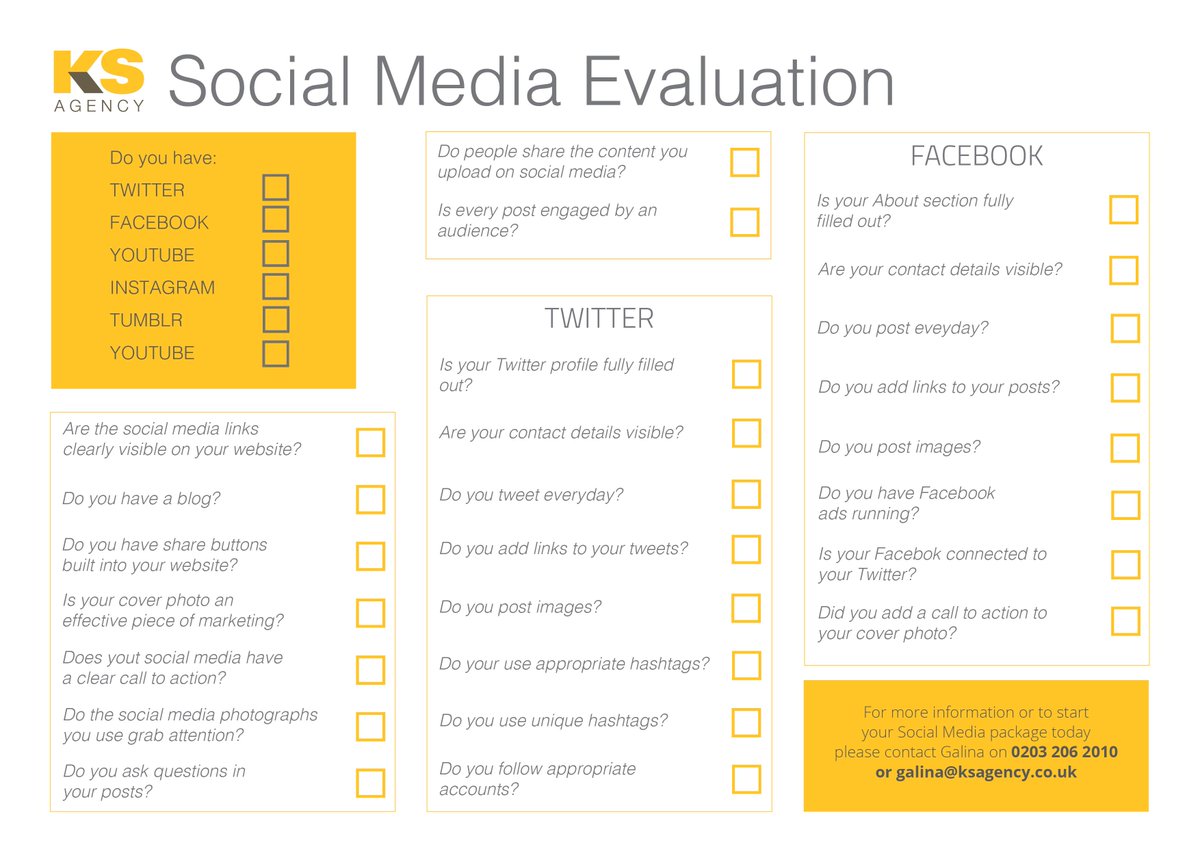 KSAgencyltd's tweet photo. Check out our free social media evaluation printable sheet #socialmedia #marketing #design #twitter #facebook #art http://t.co/A2vdVK9zY6