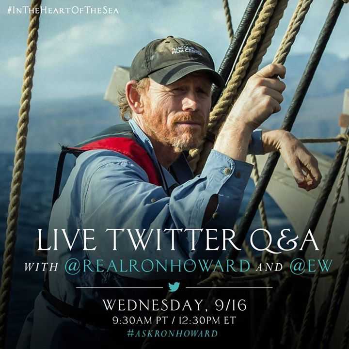 DillaneF's tweet photo. New trailer &amp; live chat today with @RealRonHoward about #InTheHeartOfTheSea. Get your questions ready! #AskRonHoward http://t.co/dqsSSqtZPB