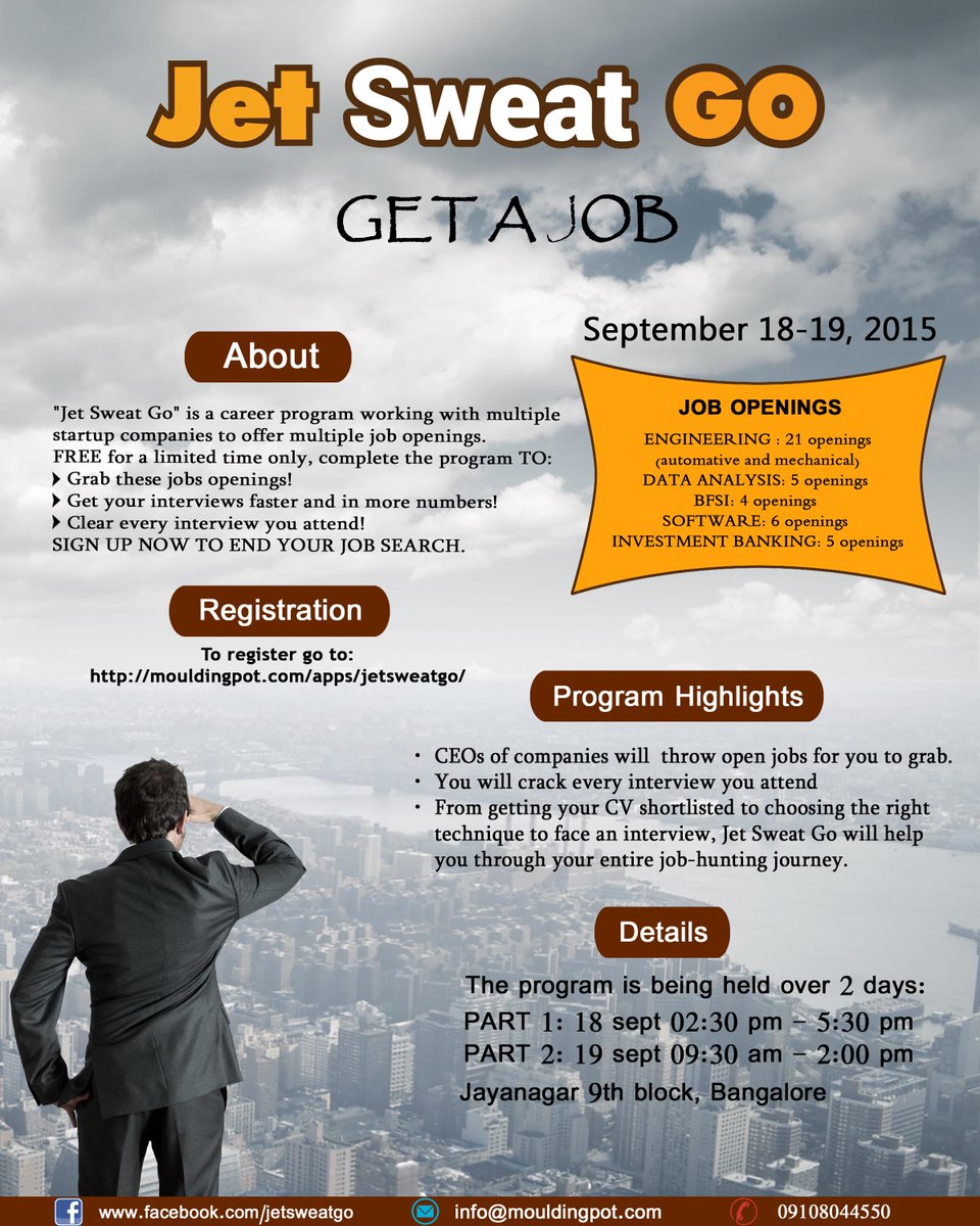 JetSweatGo's tweet photo. #JobSeekers multiple openings by many startups. Attend JSG program. Skip the #jobhunt process http://t.co/fEhGVlonVG http://t.co/l3N5OedkLF