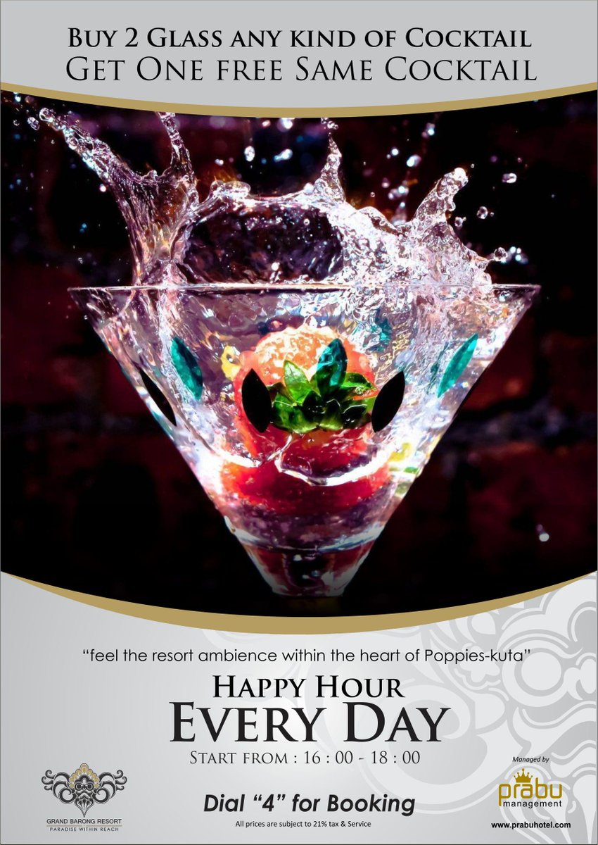 Happy hour for happy people!
Enjoy our cocktail,buy 2 glass get 1 free same cocktail guys.
cheers..!