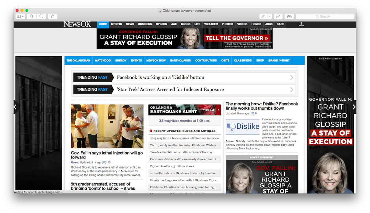 MoveOn's tweet photo. Check out @TheOklahoman today. We're calling on @GovMaryFallin to save an innocent man's life! #RichardGlossip #p2 http://t.co/5jjTd6AT9s