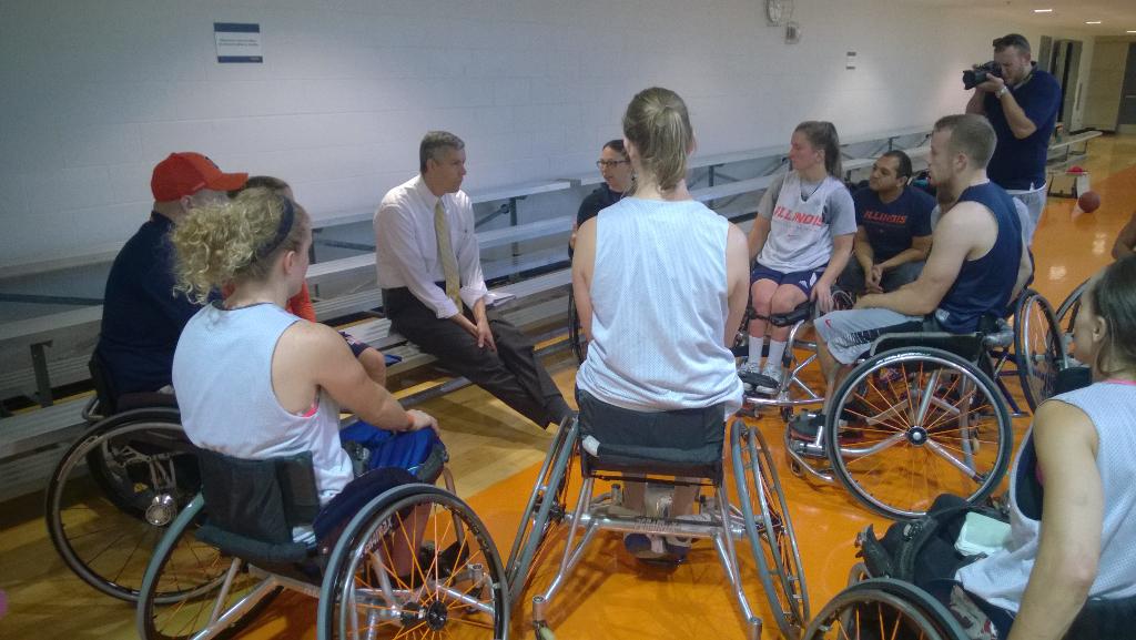 usedgov's tweet image. Day 3 stop 1: @arneduncan talks hoops with incredible student athletes at University of Illinois. #readyforsuccess