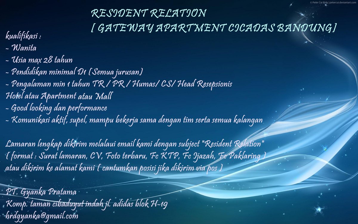 hrdgyanka's tweet photo. N> Resident Relation Apartment Bandung @LowonganJakarta @jakartaloker @JobsDBIndonesia @jobindo_com @JobStreetcom http://t.co/F0vrQjJhhz