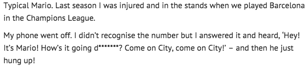 A quote from Aguero's book on Mario Balotelli. 

Very touching!