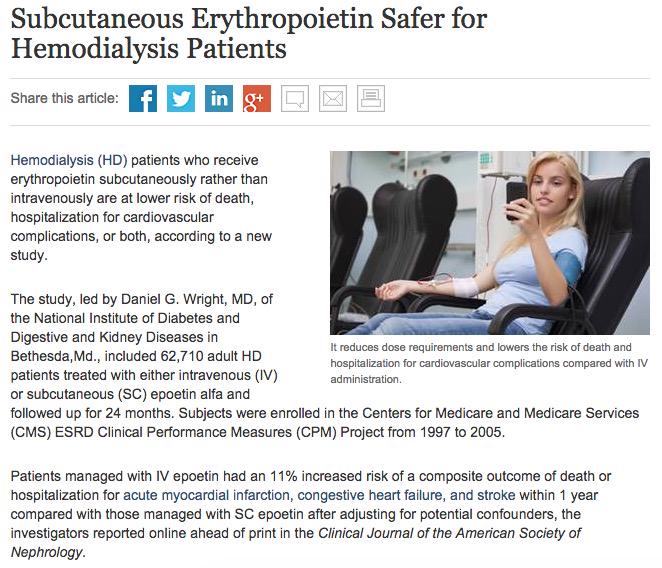 Onderhuids EPO (b)lijkt beter voor hemodialyse patiënten.
