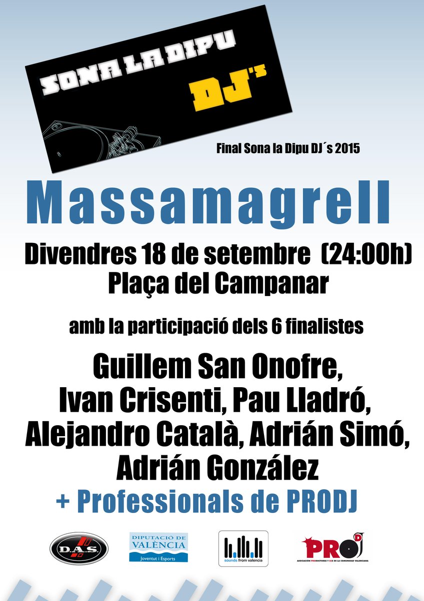 Viernes 18 a las 24:00 h. final de SLD DJ´s 2015.
@ladipuenlared <a href="/dipvalencia/">Diputació de València</a> @gva_jove @gva_info <a href="/victorperezdj/">Victor Perez</a>
