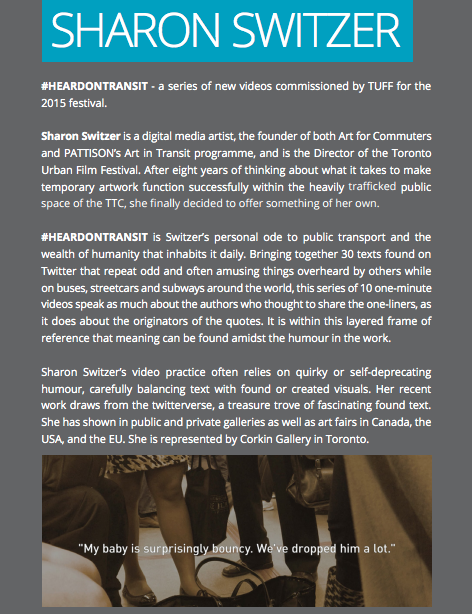 #HeardOnTransit, our #artist spotlight starts Fri featuring #TUFF Director &amp; <a href="/art4commuters/">Art for Commuters</a> founder Sharon Switzer