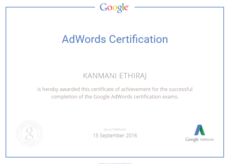 Kanmani91's tweet photo. I'm now Adwords Certified,Check out https://t.co/XcmdSzddiK;
#AdWords #GooglePartners #AdWordsCertification http://t.co/TeYyIMy2lf