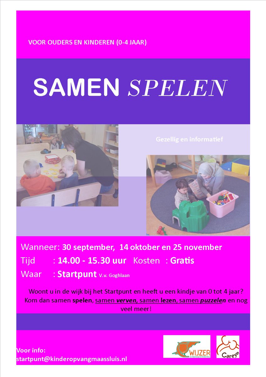 Gezellig samen spelen met je kindje? Kom dan op 30 september van 14.00-15.30 naar het startpunt! #CJG #Maassluis