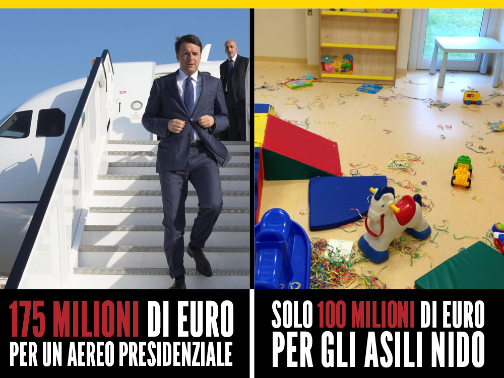 ale_dibattista's tweet photo. 100 milioni di euro per gli asili nido e 175 per l'aereo presidenziale personale. Questo è Renzi. http://t.co/hy2pMwg5Eb