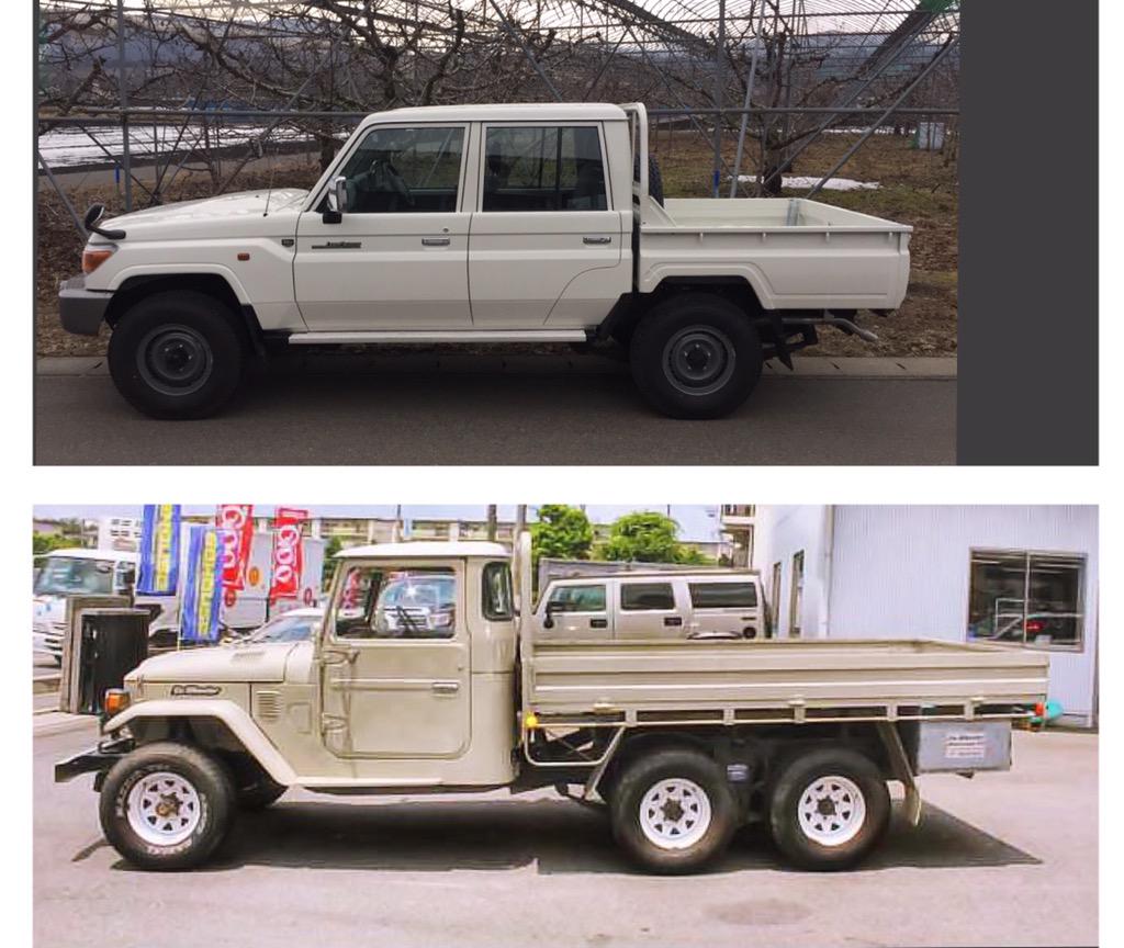 しろいとらっく ななまるさん V Twitter こないだの6輪のランクル40ピックアップと私の70ピックアップの比較画像が割と好評だったのでgrj79と普通のサイズ ロングベッド のfj45の比較画像も作ってみましたよ だいたいこれぐらいのサイズ感なんしゃないかな と ー