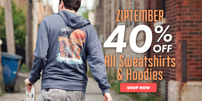 threadless's tweet photo. The leaves are changing, the air is getting crisp, and our warmest gear is 40% off! #Ziptember http://t.co/p8Oze0leAL http://t.co/pcLpF8AE8Q