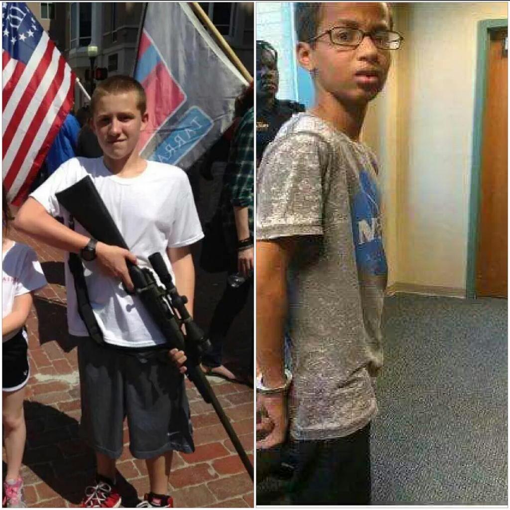 doamuslims's tweet photo. White kids walk in public with weapons, brown kids are arrested for building clocks.
#IStandWithAhmed http://t.co/aTT0XZU7VK