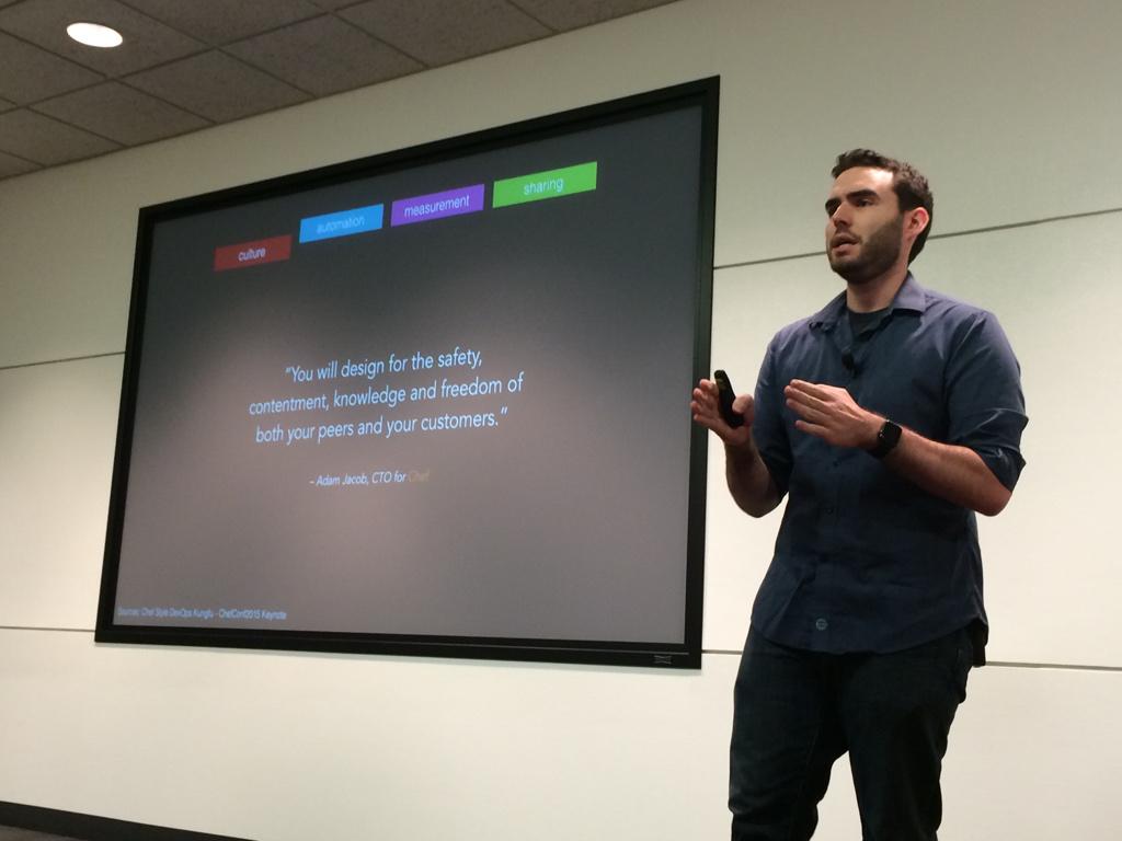 bridgetkromhout's tweet photo. Quoting people like @adamhjk and @botchagalupe, @tomduffield explains CAMS to the #devopsTR crowd at @thomsonreuters. http://t.co/eh4jFhAeQe