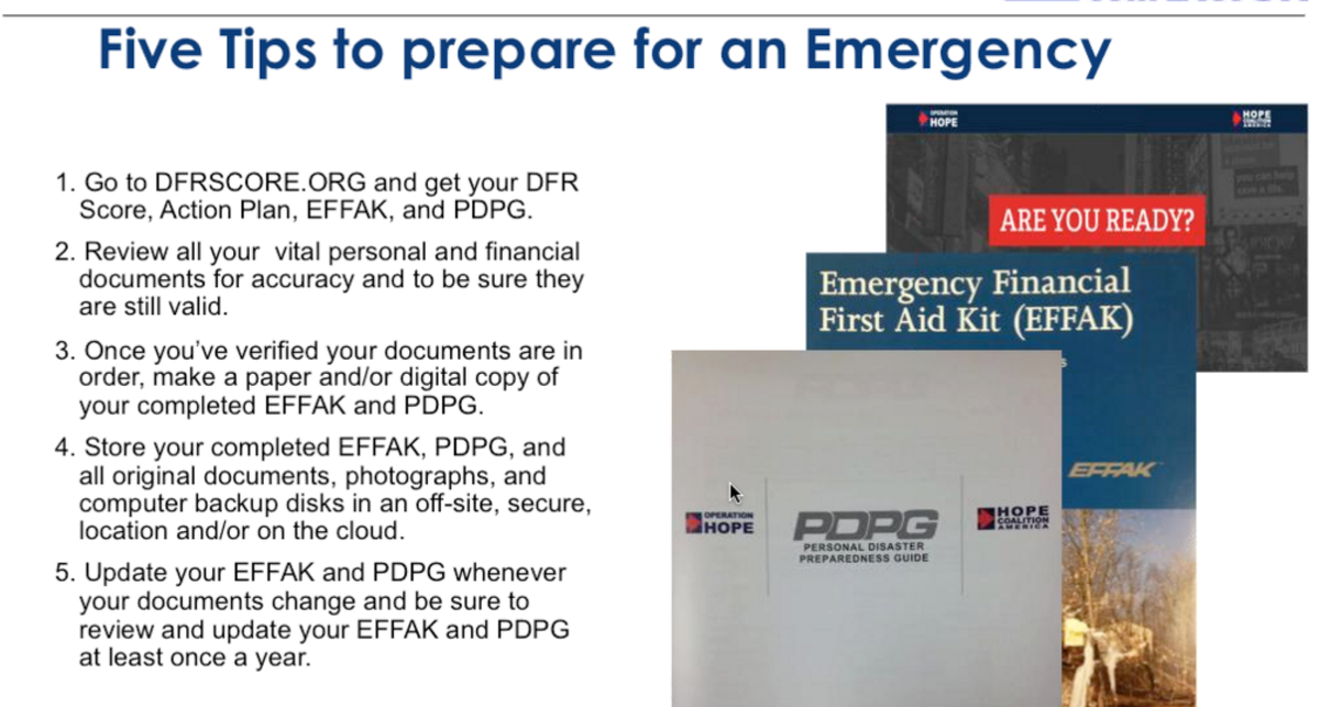 OperationHOPE's tweet photo. #FinPrep: 5 tips to prepare for a #disaster. #NatlPrep http://t.co/h9JxgUEXdl