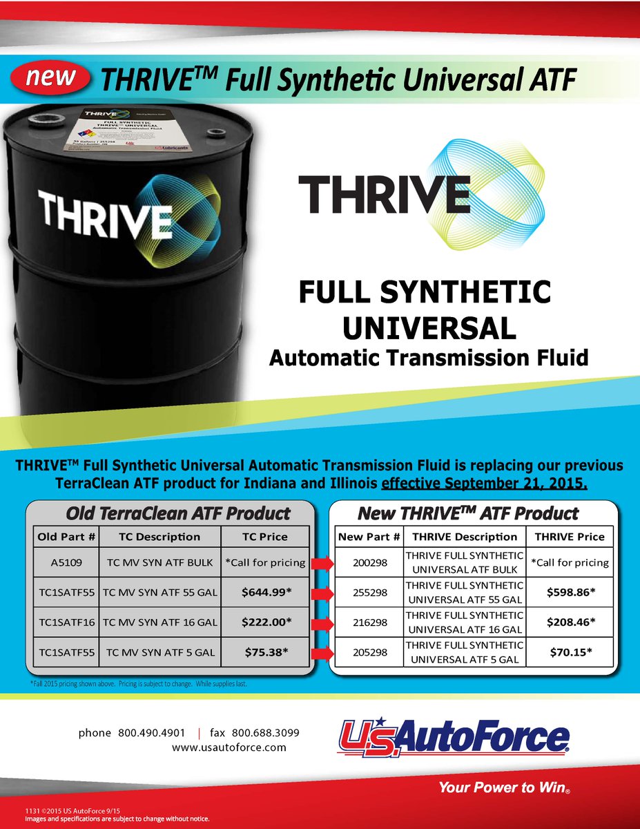USAutoForceINIL's tweet photo. THRIVE Full Syn Universal ATF is now available. Call 800-490-4901 or visit http://t.co/M5fn0VDVeI to order. http://t.co/9sqPrto9jl