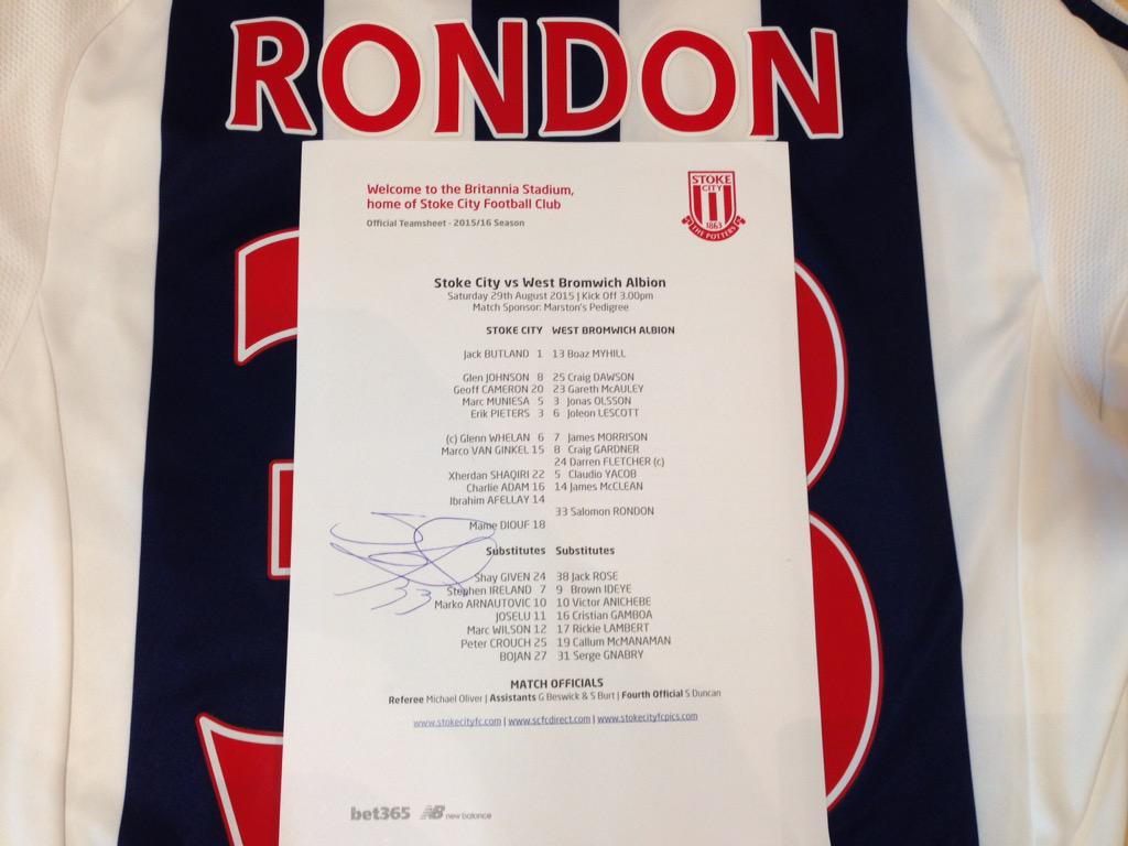 WBA's tweet image. COMPETITION: To celebrate @salorondon23 birthday, a lucky Twitter follower will win signed teamsheet. Simply RT #WBA