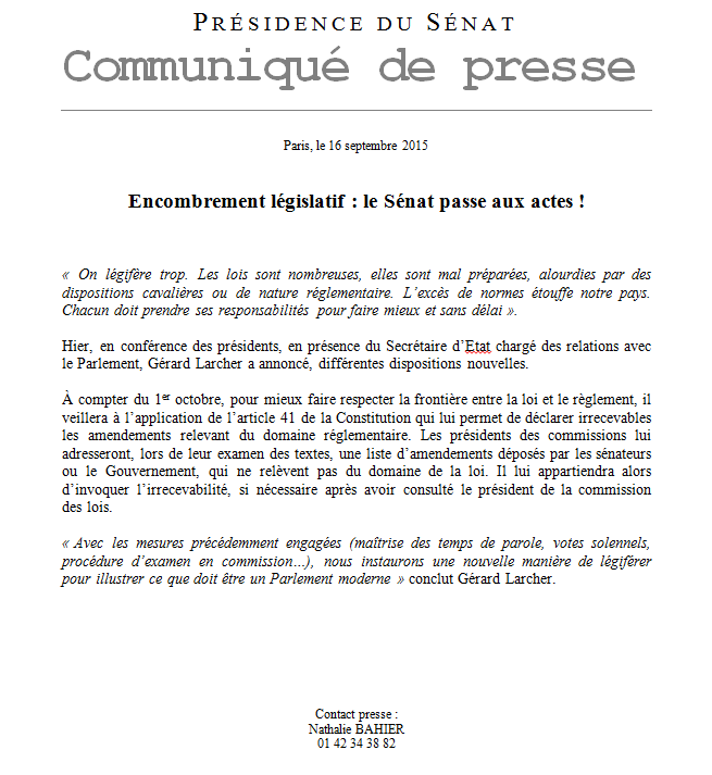 gerard_larcher's tweet photo. Encombrement législatif : le Sénat passe aux actes ! Nouvelle manière de légiférer #Article41 @Senat_Info http://t.co/hpWe3EAV4X