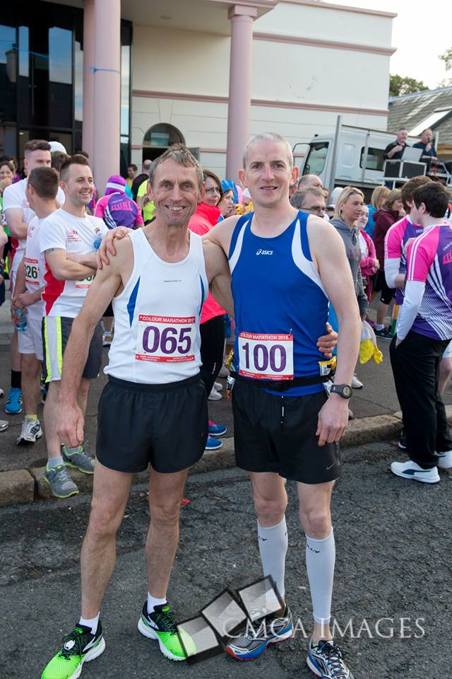 colourmarathon's tweet photo. Local runners Dominic McCartan &amp; Peter Byrne at the start line at #colourmarathon http://t.co/BJdSU7db2r