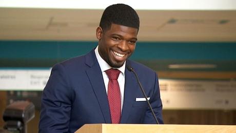 CBCNews's tweet photo. P.K. Subban donates $10M to Montreal Children's Hospital http://t.co/XE6BuGlQRU http://t.co/JrUfVmK7Tf
