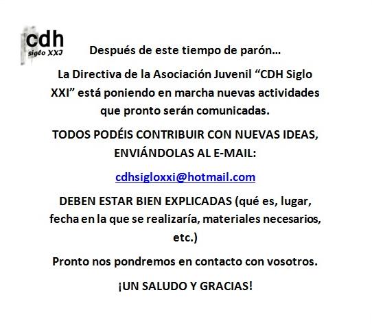 CDHSIGLOXXI's tweet photo. Ya están en marcha nuevas actividades! Esperamos vuestra colaboraciçon!#NuevasActividades #Participa #CdhSigloXXI http://t.co/eFPm0KxbR1