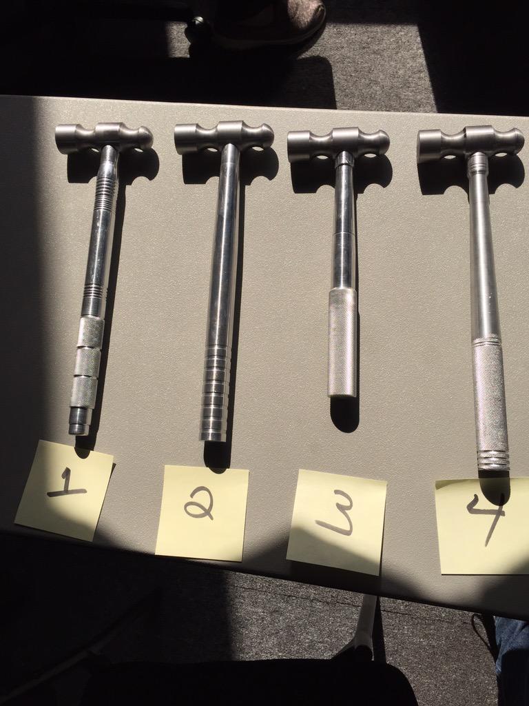 MrBelewCVTC's tweet photo. Hammers made by first year students. Which hammer do you prefer? Please vote! #knurling #engineLathe http://t.co/lykYFdDBSc