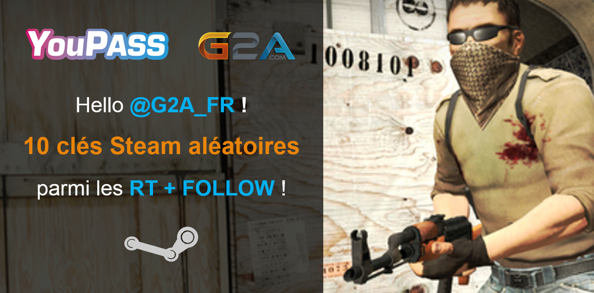 YouPassFR's tweet photo. RT + FOLLOW @G2A_FR &amp; @YouPassFR

10 clés #Steam aléatoires à gagner parmi les participants ! http://t.co/jQglPwGNYd