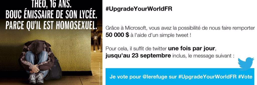 Fondation Le Refuge (@lerefuge) on Twitter photo Mobilisez vous ! Tweetez tous ceci : "Je vote pour <a href="/lerefuge/">Fondation Le Refuge</a> sur #UpgradeYourWorldFR #Vote"
Dernière ligne droite ! Mobilisez vous ! Tweetez tous ceci : "Je vote pour <a href="/lerefuge/">Fondation Le Refuge</a> sur #UpgradeYourWorldFR #Vote"
Dernière ligne droite !