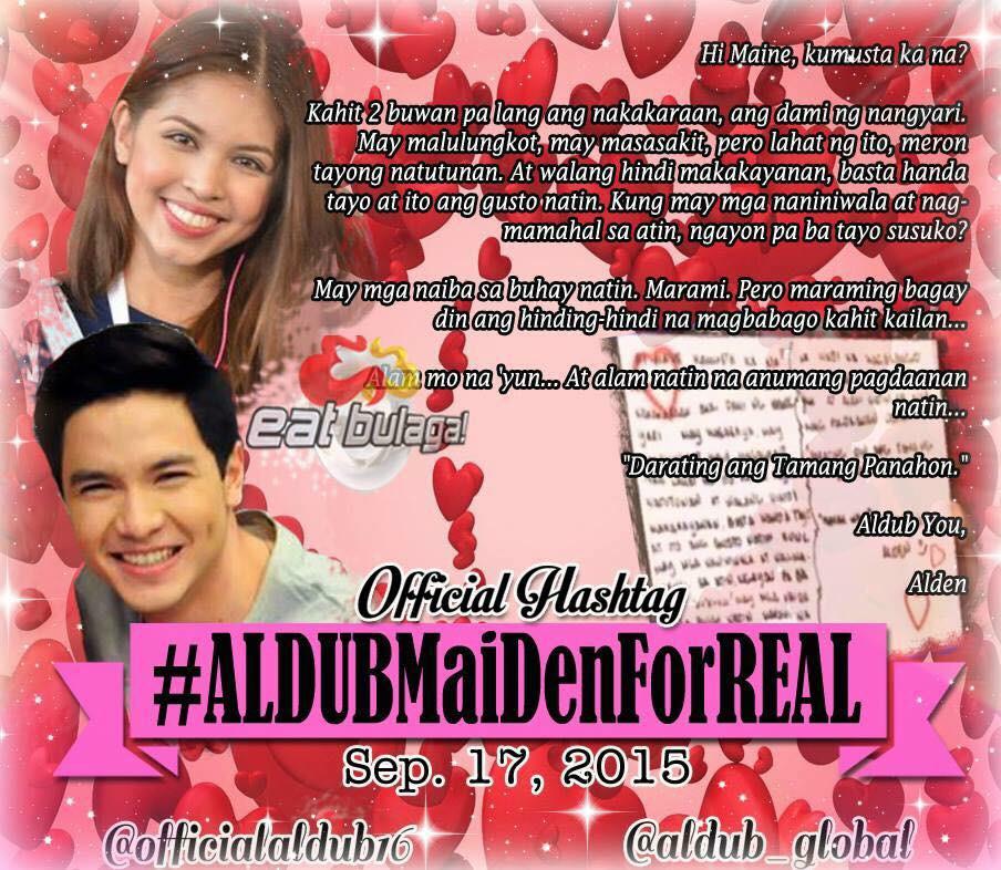 officialaldub16's tweet photo. Here's our OFFICIAL HASHTAG po

#ALDUBMaiDenForREAL http://t.co/khp8mxXBc2