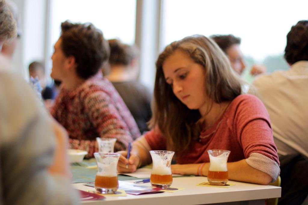 WUR's tweet photo. Students critically analyzing the different types of beer at the beer tasting workshop @FoodFilmfestiv #FFSeeds. http://t.co/2vsCDFBeS0