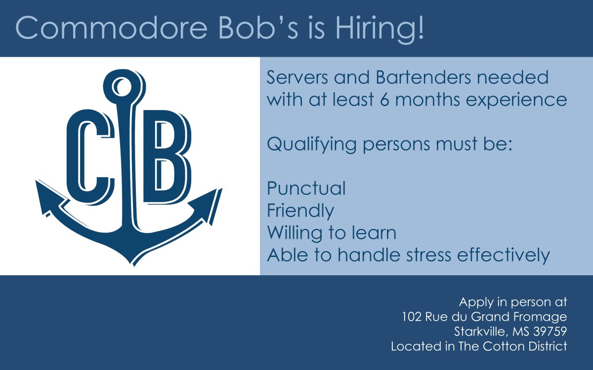 CommodoreBobs's tweet image. Need a job? Commodore Bob's is hiring! See image for more info.