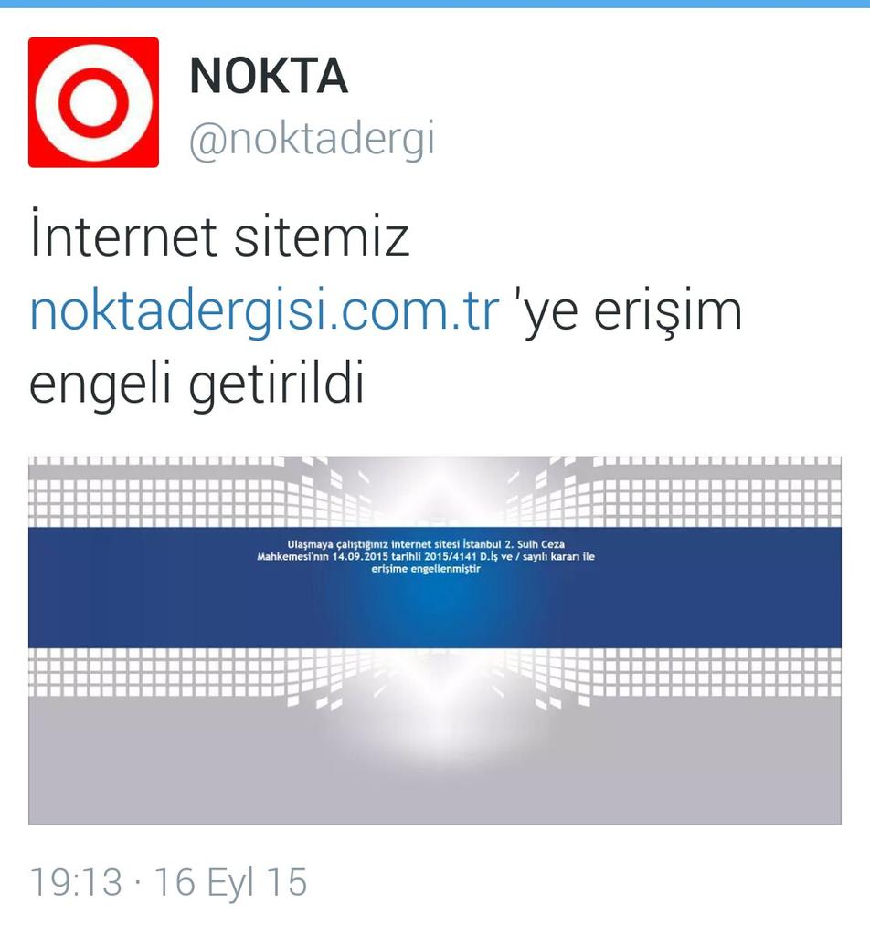 caapulcukiz's tweet photo. An itibariyle nokta dergisi internet sitesine erişim yasağı geldi!
Duyarsız kalmayalim haberi paylaşalım
@noktadergi http://t.co/cO8WKSm3l5