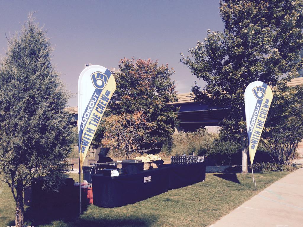 Brewers's tweet photo. All set up for today's #CookoutWithTheCrew! Come on down for a free lunch from #Brewers players at noon today! http://t.co/PdCNI9qogt