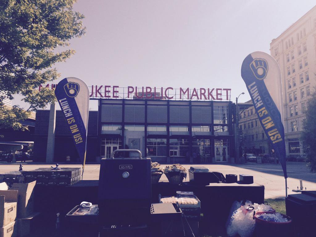 Brewers's tweet photo. All set up for today's #CookoutWithTheCrew! Come on down for a free lunch from #Brewers players at noon today! http://t.co/PdCNI9qogt
