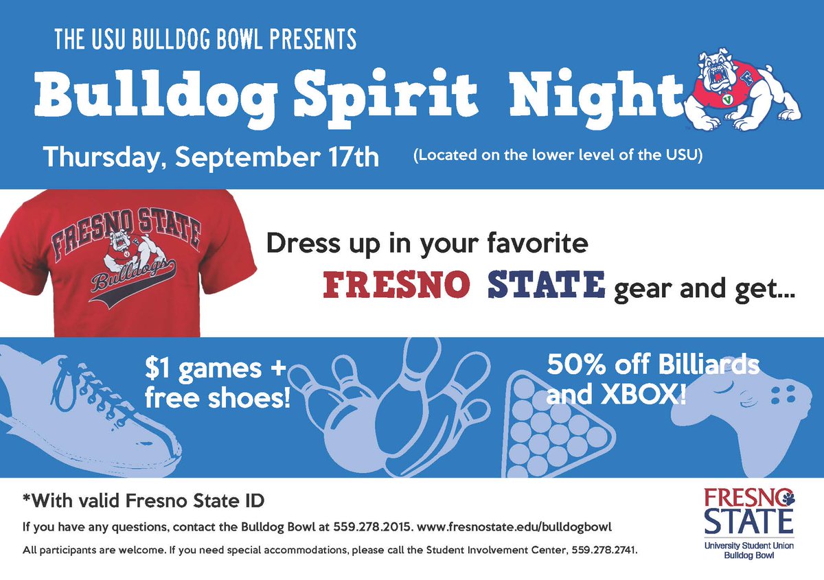 FSGetInvolved's tweet photo. TOMORROW NIGHT: Gear up and check out Fresno State Spirit Night at the Bulldog Bowl! 🎳 http://t.co/U4OH1bdnOn
