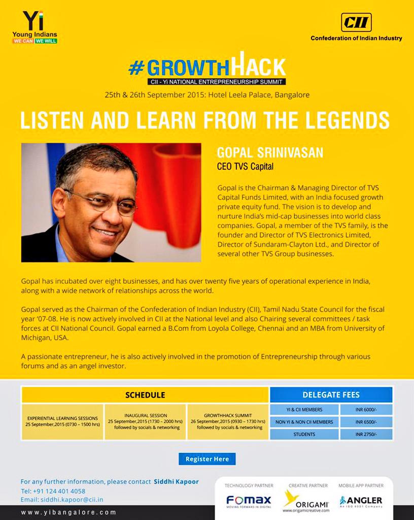 YiTweets's tweet photo. Learn from the Legends: Gopal Srinivasan, CEO, TVS Capital, at #GrowthHack #Summit, 25-26 Sept, #Bangalore. #business http://t.co/KX88viaYtS