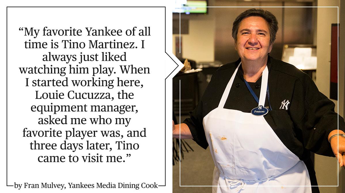 PlayersTribune's tweet image. Meet Fran Mulvey, 16-year @Yankees Media Dining Cook: playerstribu.ne/1ND4IhZ