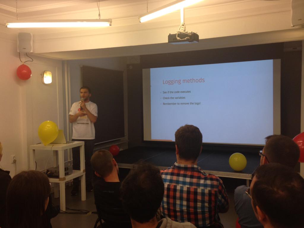warsawjs's tweet photo. @Piotr_Zientara on stage! Talks about #debuggingjs http://t.co/fMNr1mofpi