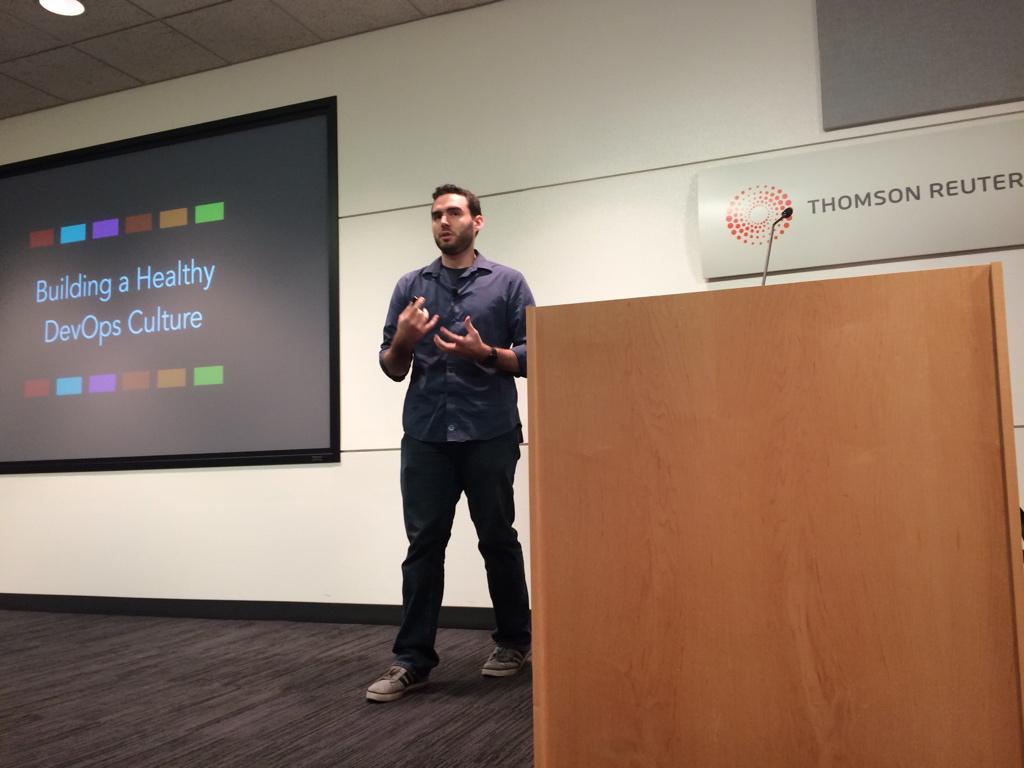bridgetkromhout's tweet photo. Great start to #devopsTR - @tomduffield keynoting at @thomsonreuters about building a healthy devops culture. http://t.co/bf1OzEYTCu