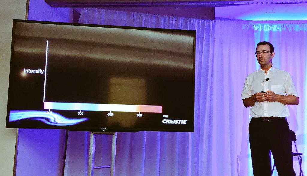 Photocritic's tweet photo. Getting a colour 101 introduction on laser projection technology from @christiedigital at #DSrupted in Toronto. http://t.co/juEC9ACa1p