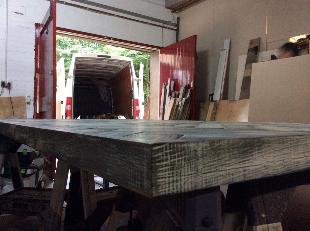 Bespoke Loweswater Parquet table bi-coloured flamed and lacquered